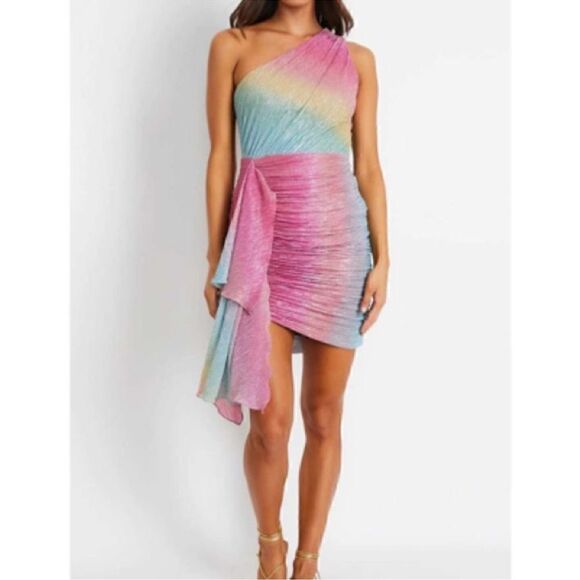 PatBo Prism Lurex Shimmer Rainbow One Shoulder Mini Dress 12 - Picture 1 of 8